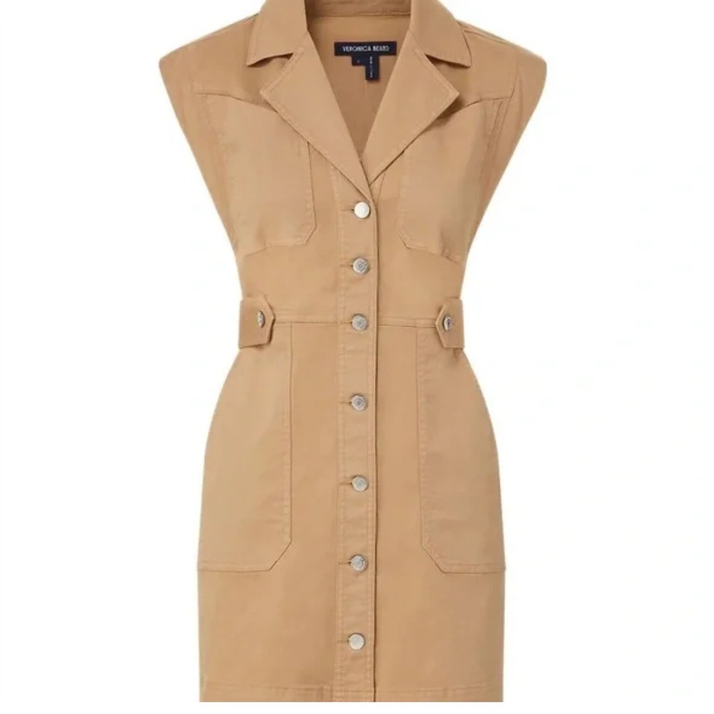 Veronica Beard Camel Button-Front Mini Dress Size 12 Khaki Tan Cotton Sleeveless